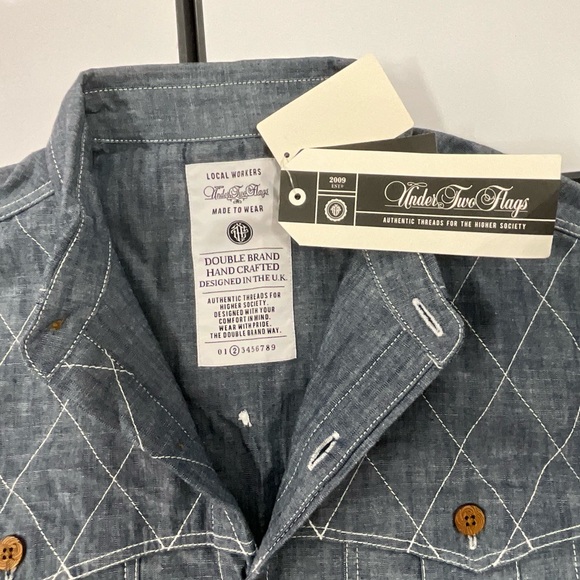 NWT Men's UNDER TWO FLAGS Medium Wooden Button Long Sleeve Denim Shirt - Picture 4 of 8